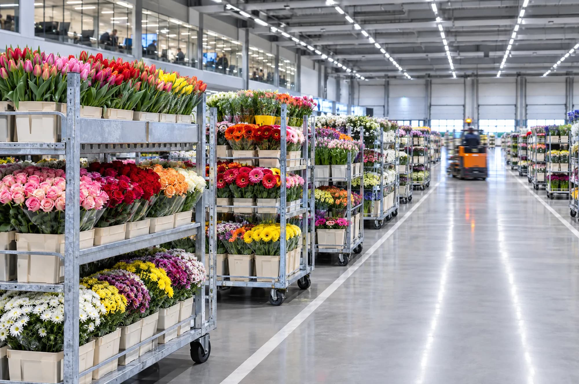 Cărucioare cu flori în hala de logistică din Aalsmeer, Olanda